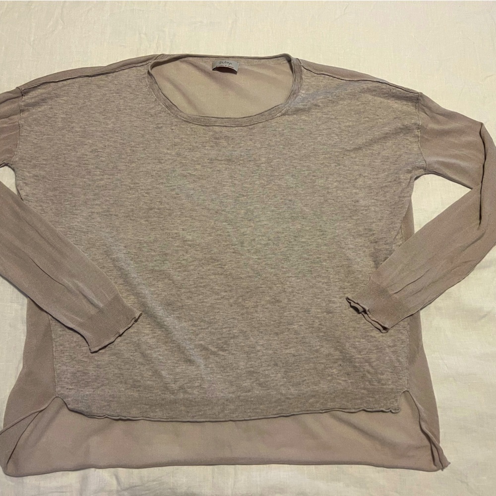 Wrap dropped shoulder cotton blend sweater with sheer back and sleeves size 10